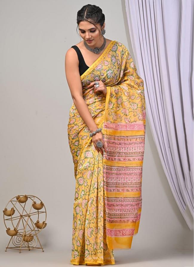 Chanderi Silk Yellow Festival Wear Block Printed Saree